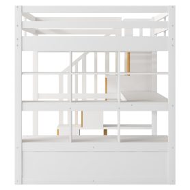 Full Size Loft Bed with Desk and Shelves, Two Built-in Drawers and Storage Staircase