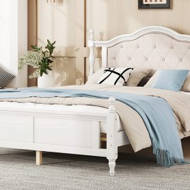 Queen Pine Platform Bed With Upholstered Headboard And Panel Footboard