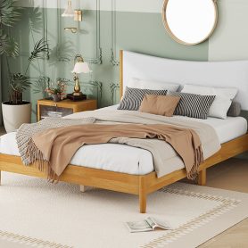 Queen Size  Rubber Wooden Bed With Teddy Velvet Cushion Upholstered Headboard