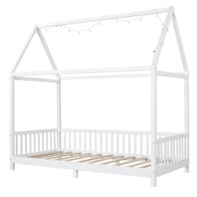 Wood Twin Size House Bed with Guardrail and LED
