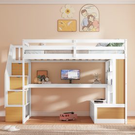Full Size Loft Bed with Desk and Shelves, Two Built-in Drawers and Storage Staircase