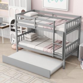 Twin Over Twin Rubber Wood Bunk Bed With Trundle, Ladder and Safety Guardrails, Convertible Into 2 Twin Size Beds