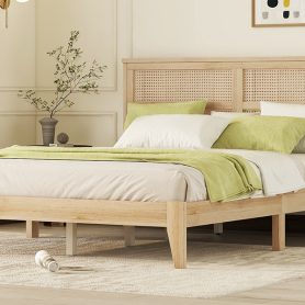 Queen Size Rubber Wooden Bed With Rattan Headboard