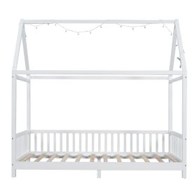 Wood Twin Size House Bed with Guardrail and LED