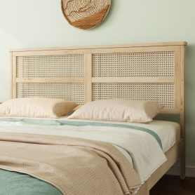 Queen Size Rubber Wooden Bed With Rattan Headboard
