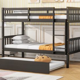 Twin Over Twin Rubber Wood Bunk Bed With Trundle, Ladder and Safety Guardrails