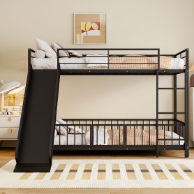 Twin over Twin Size Metal Bunk Bed with Slide and Guardrails