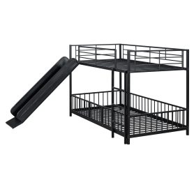 Twin over Twin Size Metal Bunk Bed with Slide and Guardrails