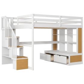 Full Size Loft Bed with Desk and Shelves, Two Built-in Drawers and Storage Staircase