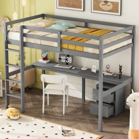 Twin Loft Wood Bed with Under-bed, Built-in Desk, a Storage Cabinet of 2 Drawers, Guardrails, Ladder