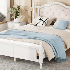 Queen Pine Platform Bed With Upholstered Headboard And Panel Footboard