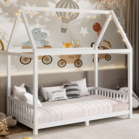 Wood Twin Size House Bed with Guardrail and LED