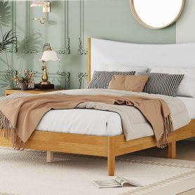 Queen Size  Rubber Wooden Bed With Teddy Velvet Cushion Upholstered Headboard