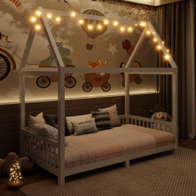 Wood Twin Size House Bed with Guardrail and LED
