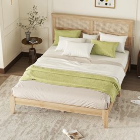 Queen Size Rubber Wooden Bed With Rattan Headboard
