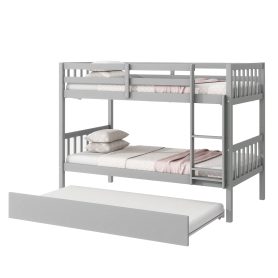 Twin Over Twin Rubber Wood Bunk Bed With Trundle, Ladder and Safety Guardrails, Convertible Into 2 Twin Size Beds