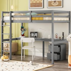 Twin Loft Wood Bed with Under-bed, Built-in Desk, a Storage Cabinet of 2 Drawers, Guardrails, Ladder