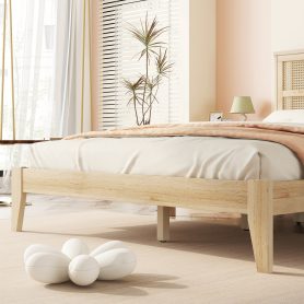 Queen Size Rubber Wooden Bed With Rattan Headboard
