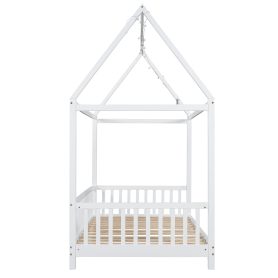 Wood Twin Size House Bed with Guardrail and LED