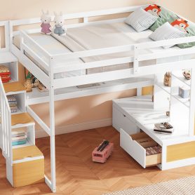 Full Size Loft Bed with Desk and Shelves, Two Built-in Drawers and Storage Staircase