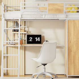 Metal Twin Size Loft Bed With L-shape Desk And Wardrobe