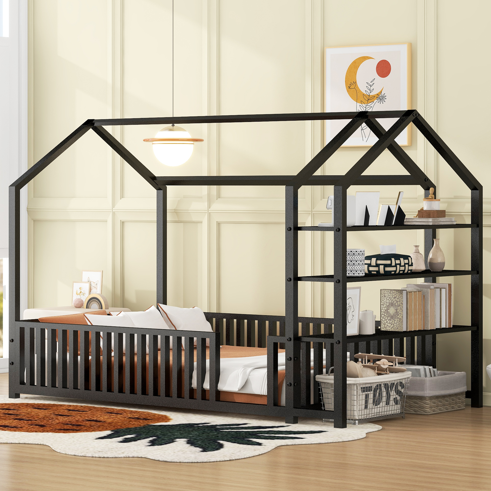 Twin Size Metal House Bed with Fence and Detachable Storage Shelves