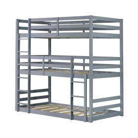 Detachable Triple Rubber Wood Bunk Bed With Two Built-in Ladders, Guardrails