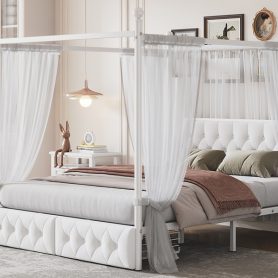 Queen Size Metal Canopy Platform Bed with Upholstered Headboard and Two Storage Drawers
