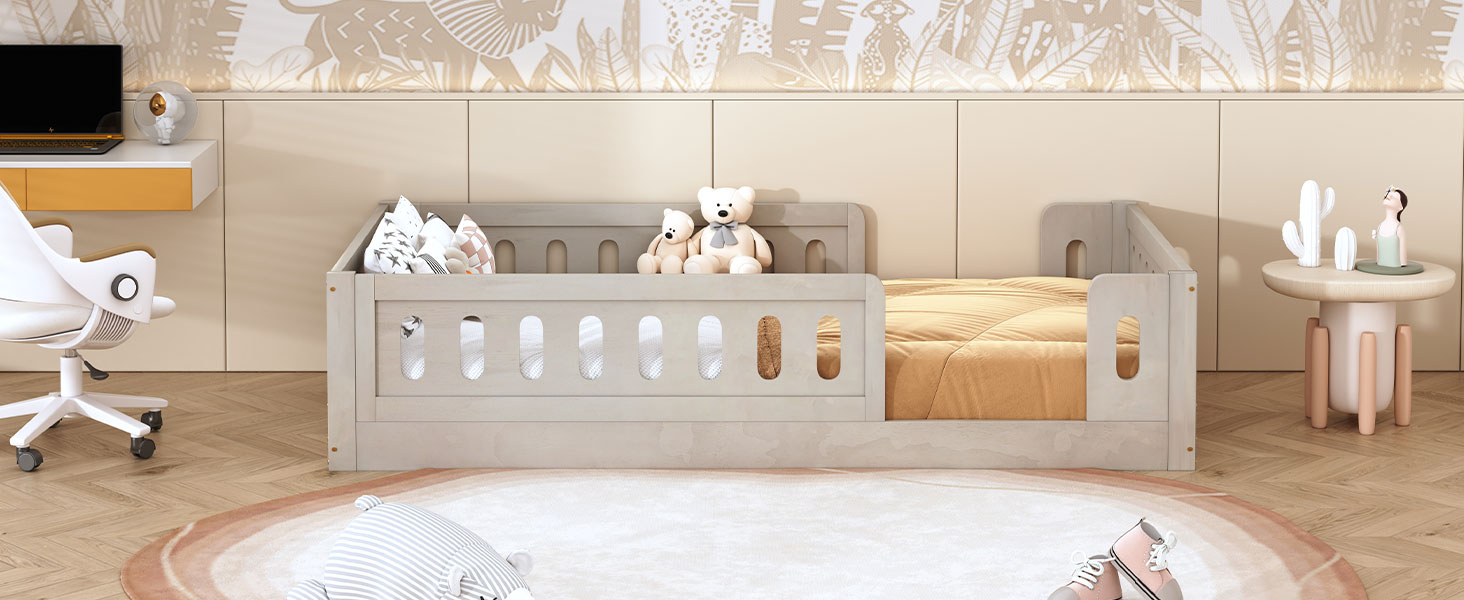 Wood Twin Size Upholstered Platform Bed with Guardrail 9 Wood Twin Size Upholstered Platform Bed with Guardrail