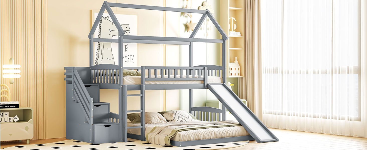 House Shape Twin Over Twin Bunk Bed With Two Drawers, Staircase And Slide 27 House Shape Twin Over Twin Bunk Bed With Two Drawers, Staircase And Slide