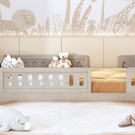 Wood Twin Size Upholstered Platform Bed with Guardrail 26 Wood Twin Size Upholstered Platform Bed with Guardrail