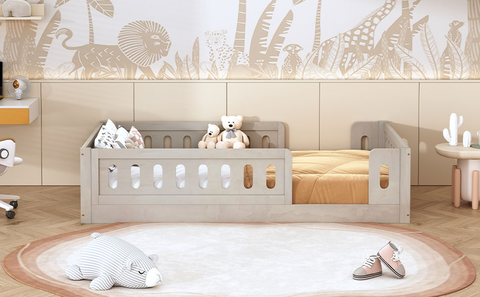 Wood Twin Size Upholstered Platform Bed with Guardrail 8 Wood Twin Size Upholstered Platform Bed with Guardrail