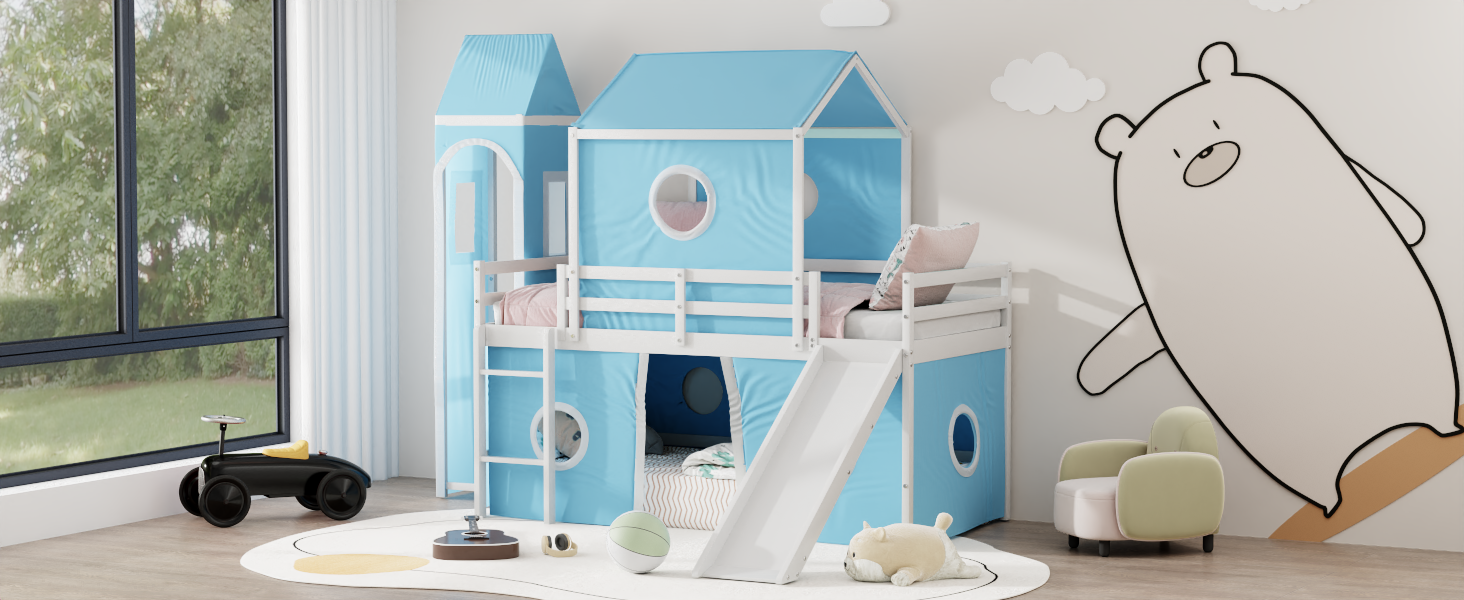 Twin Size Loft Bed with Slide, Tent and Tower 21 Twin Size Loft Bed with Slide, Tent and Tower