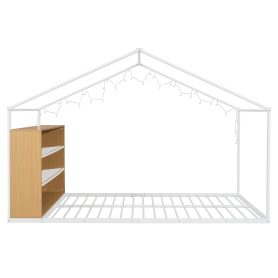 Metal Full Size House Bed Frame with Shelves and Lights