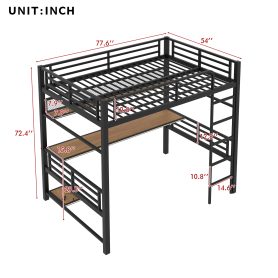 Full Size Metal Loft Bed Frame with Storage Shelf and LED Light