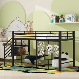 Twin Size Metal Low Loft Bed Frame With Storage Staircase And Iron Mesh