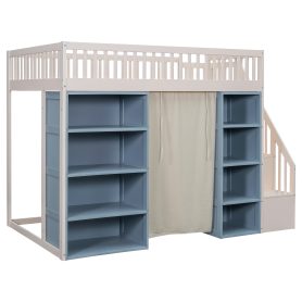 Full Size Loft Bed with 2 Four-layer Storage Cabinets and Curtain