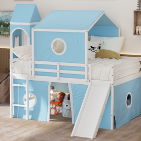Full Size Loft  Bed With Slide, Tent And Tower