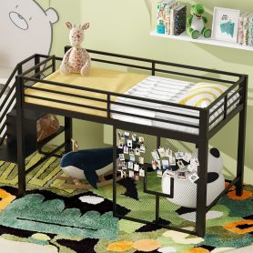 Twin Size Metal Low Loft Bed Frame With Storage Staircase And Iron Mesh