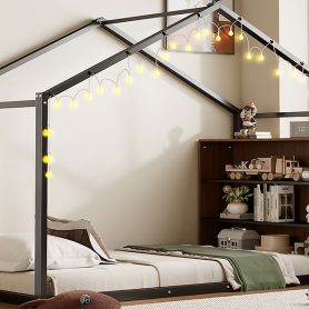 Metal Twin Size House Bed Frame with Shelves and Lights