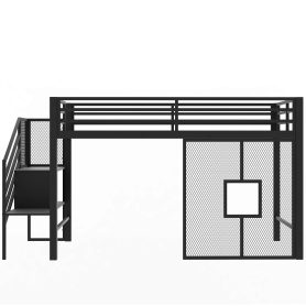 Twin Size Metal Low Loft Bed Frame With Storage Staircase And Iron Mesh