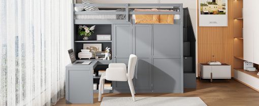Full Size Bunk Bed With Wardrobe, Desk And Shelves