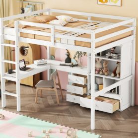 Full Size High Loft Bed with Desk, Storage Shelves and Drawers, Built-in Ladder 56 Full Size High Loft Bed with Desk, Storage Shelves and Drawers, Built-in Ladder