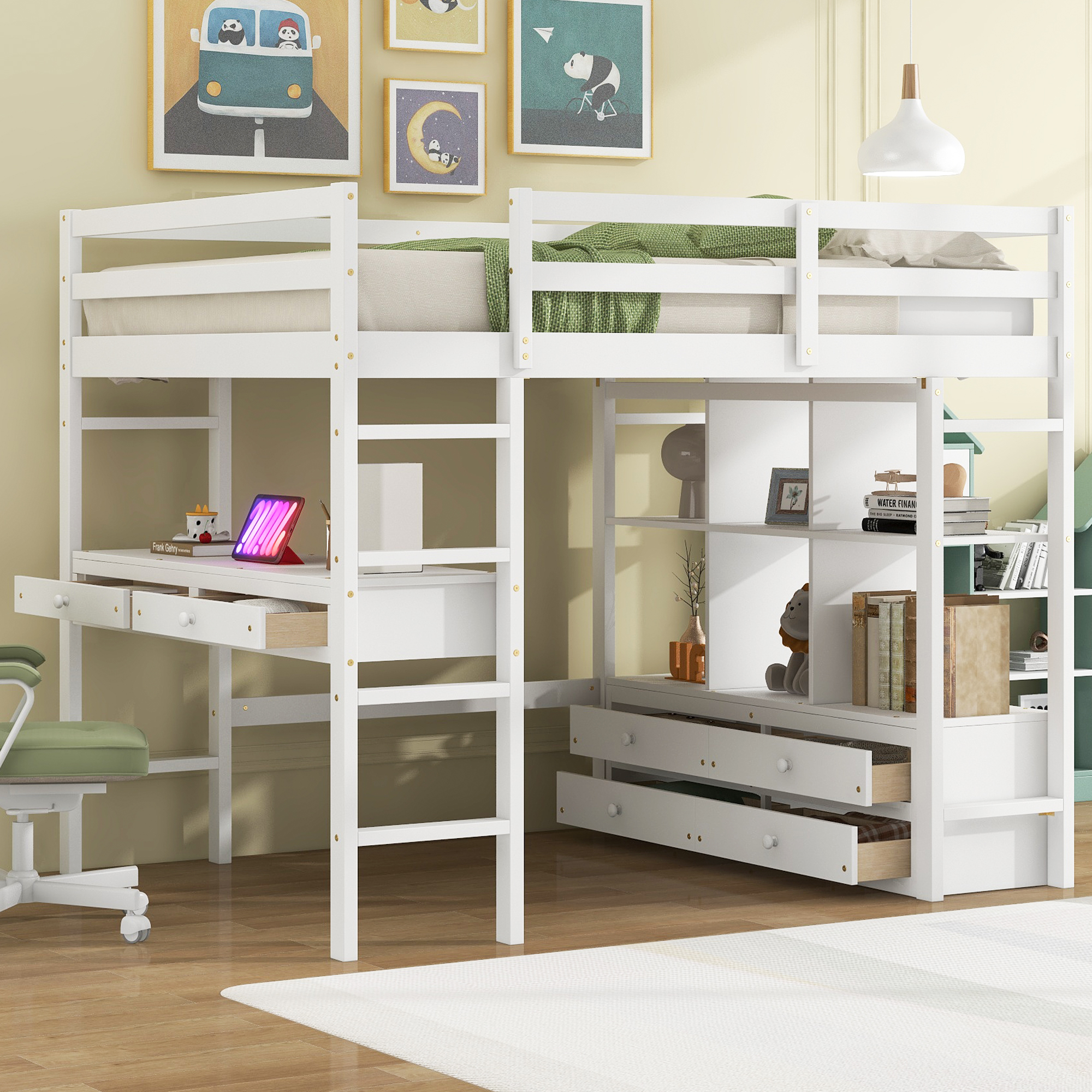 Full Size Loft Bed with Built-in Desk with Two Drawers and Storage Shelves 4 Full Size Loft Bed with Built-in Desk with Two Drawers and Storage Shelves