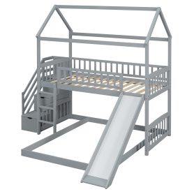 House Shape Twin Over Twin Bunk Bed With Two Drawers, Staircase And Slide 40 House Shape Twin Over Twin Bunk Bed With Two Drawers, Staircase And Slide