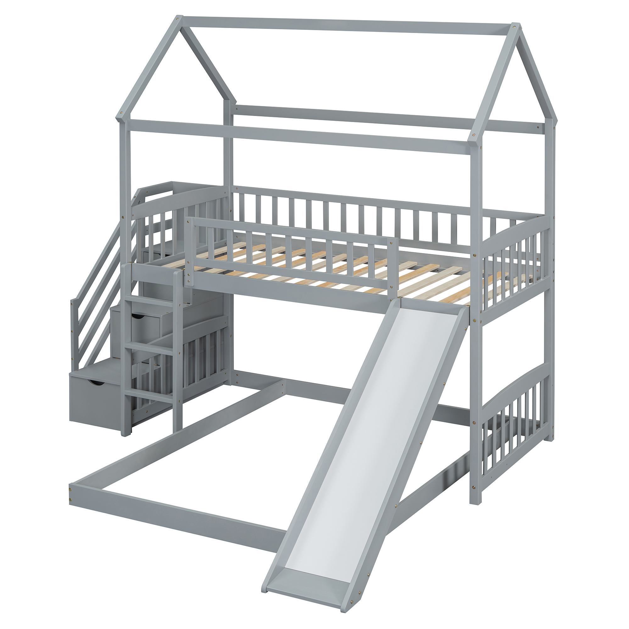 House Shape Twin Over Twin Bunk Bed With Two Drawers, Staircase And Slide 15 House Shape Twin Over Twin Bunk Bed With Two Drawers, Staircase And Slide