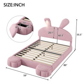 Full Size Upholstered Platform Bed with Cartoon Ears Shaped Headboard and Light