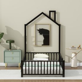 Twin Size Metal House Platform Bed with Guardrail and Chimney