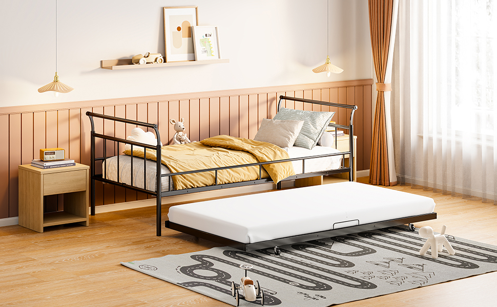 Twin Size Metal Daybed with Curved Handle Design and Twin Size Trundle 14 Twin Size Metal Daybed with Curved Handle Design and Twin Size Trundle