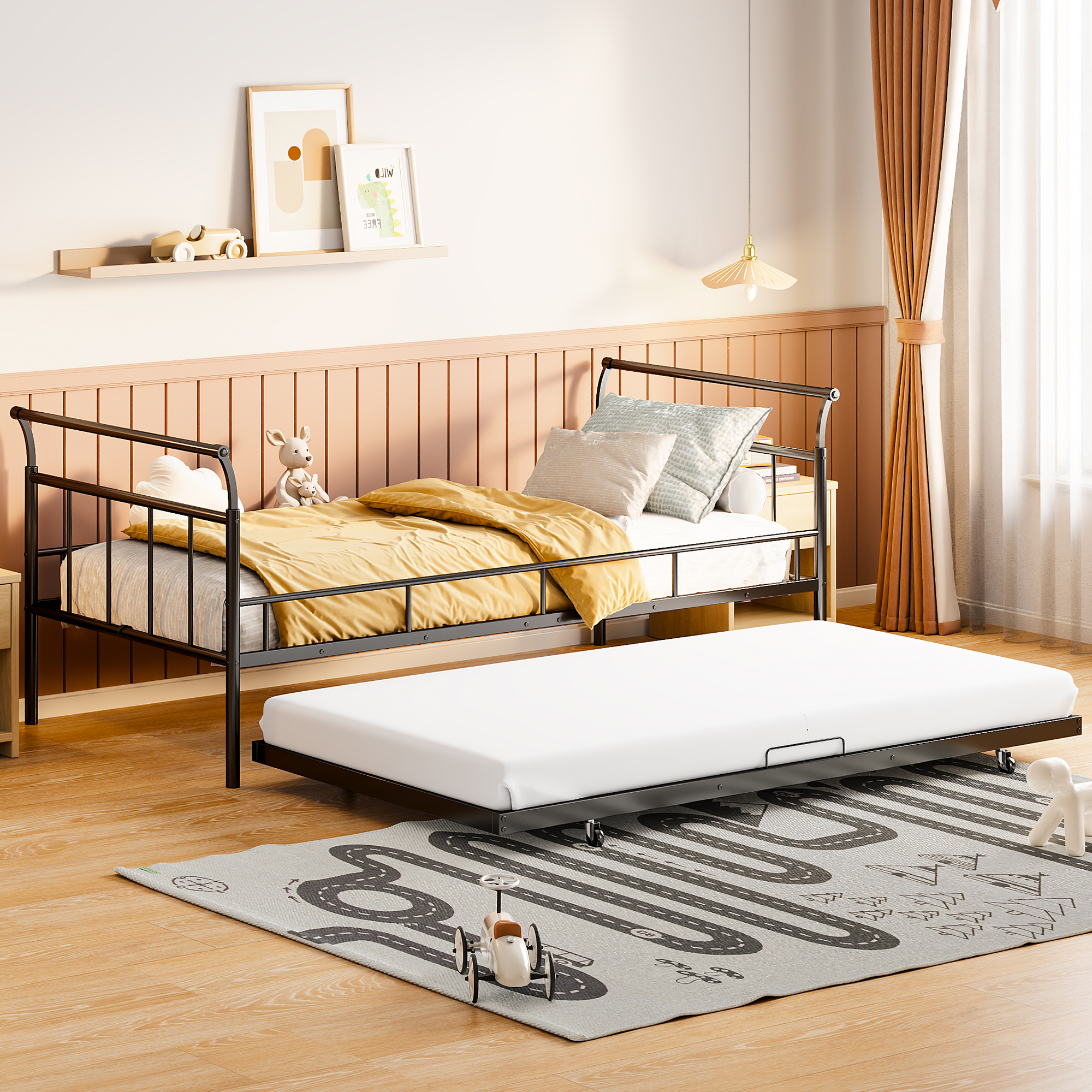 Twin Size Metal Daybed with Curved Handle Design and Twin Size Trundle 3 Twin Size Metal Daybed with Curved Handle Design and Twin Size Trundle